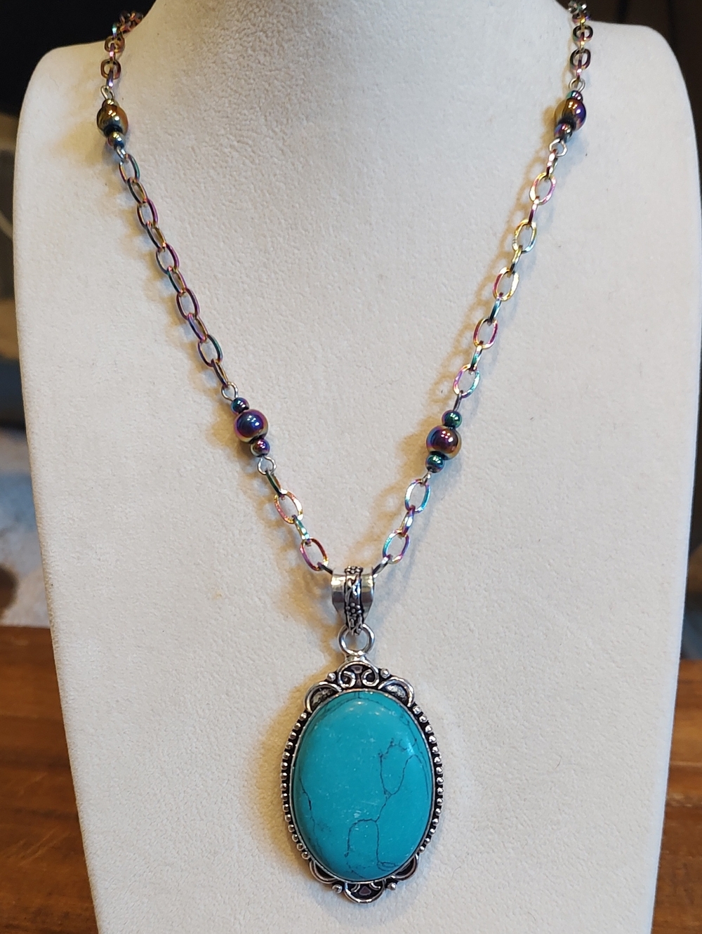 Silver Plated Oval Imitation Turquoise Pendant With Station Bead Chain Necklace